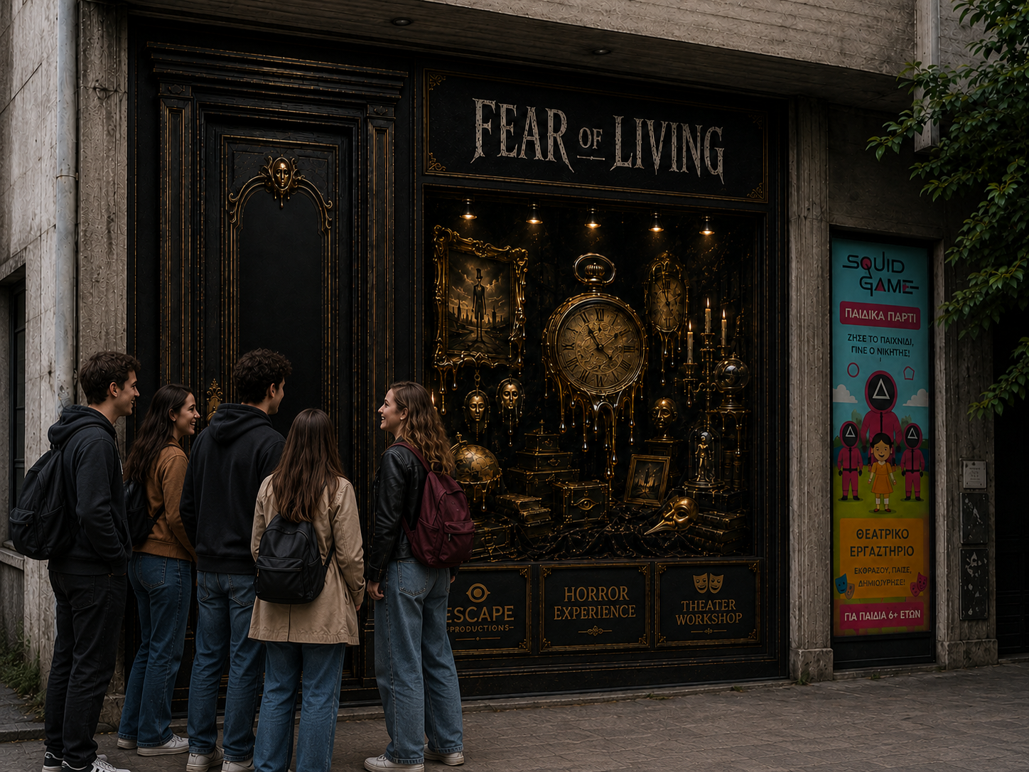 Πρόσοψη Fear Of Living με escape experience, theatre workshop και παιδικό Squid Game